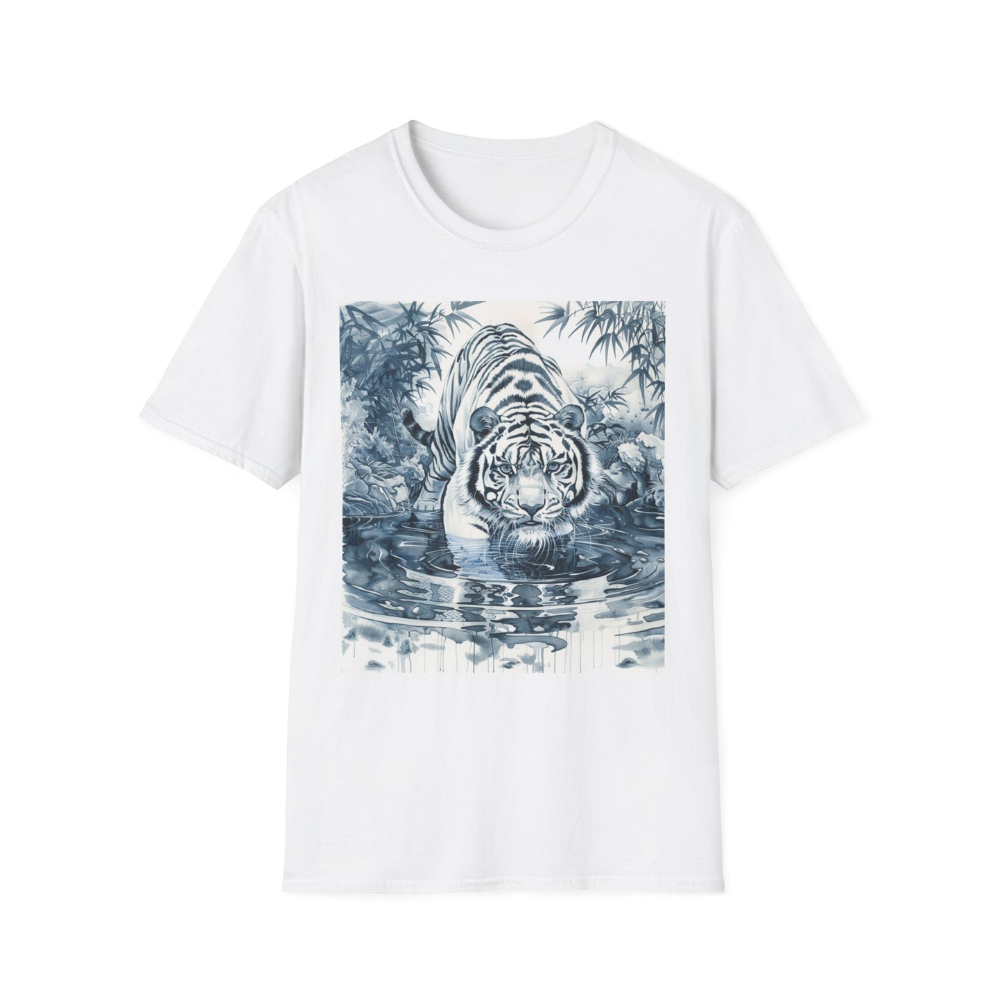 White T‑Shirt with Blue Watercolor Tiger Print — Gentle Jungle Graphic Tee