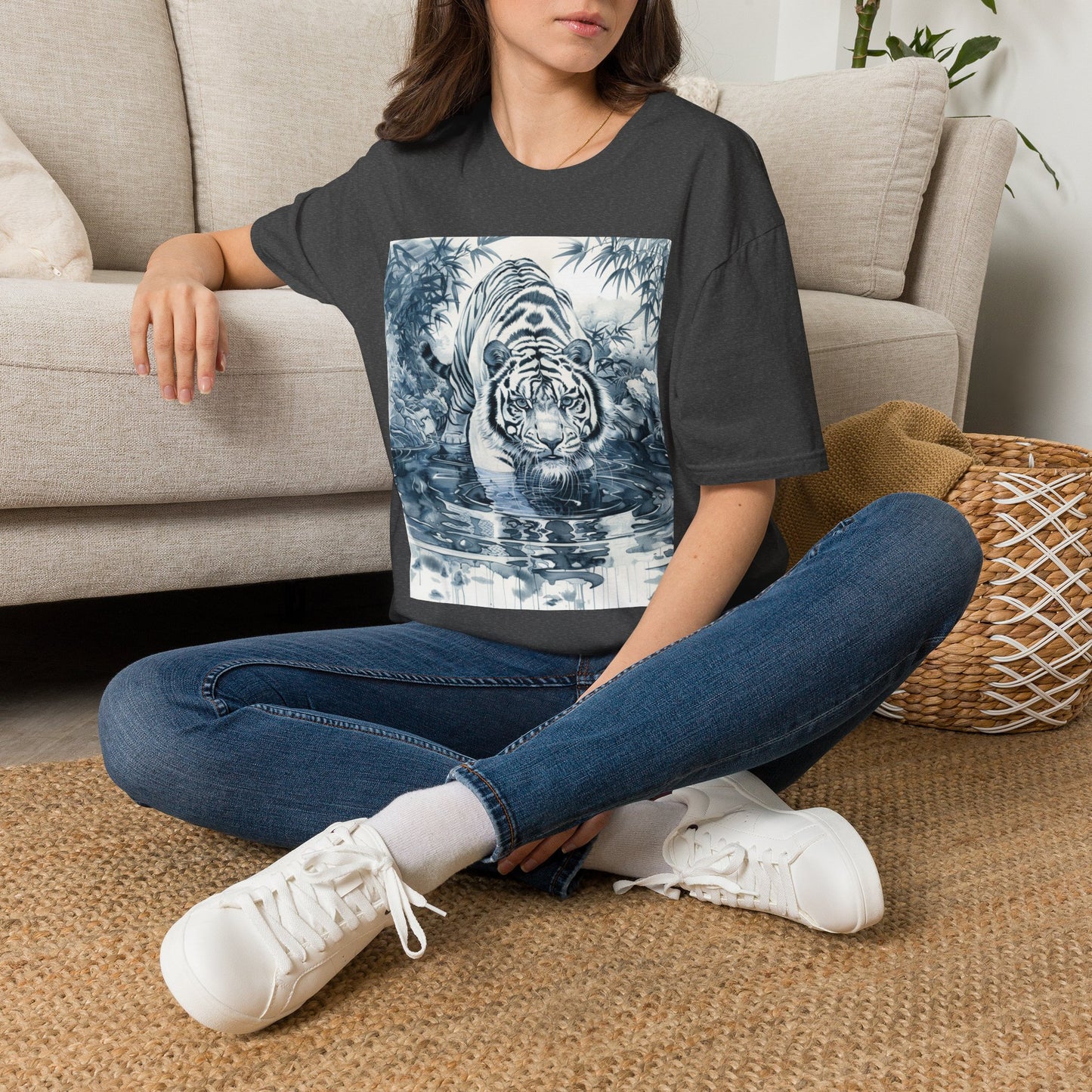 White T‑Shirt with Blue Watercolor Tiger Print — Gentle Jungle Graphic Tee