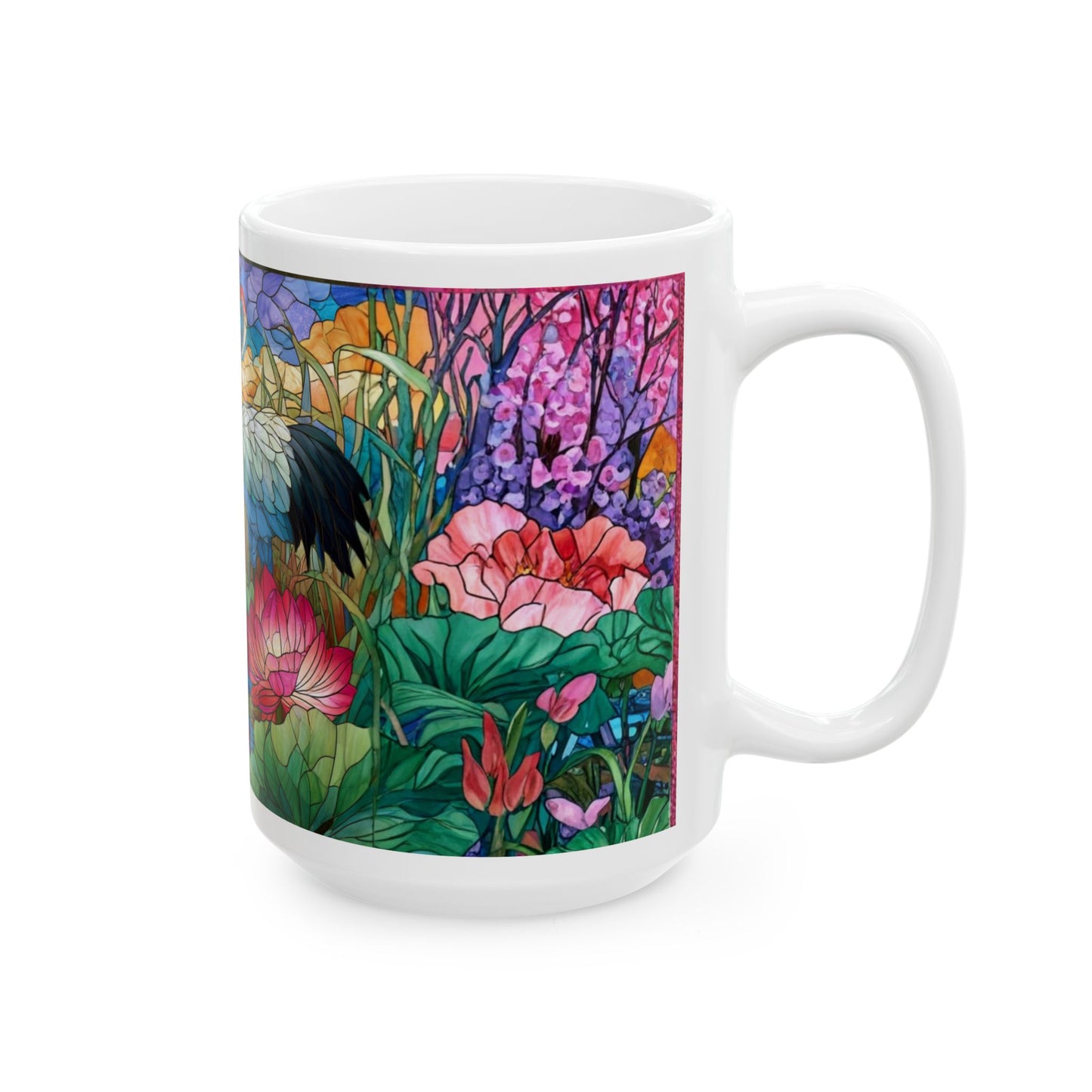 Stained Glass Cranes Ceramic Mug — Floral Lotus Tea Cup (11oz & 15oz)
