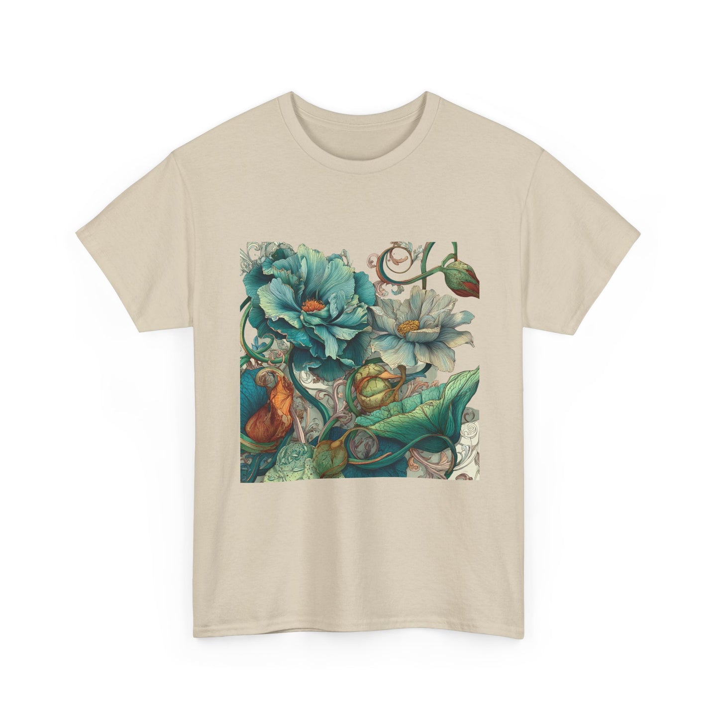 Floral Vintage Botanical Tee — Teal Peony Garden Graphic Shirt