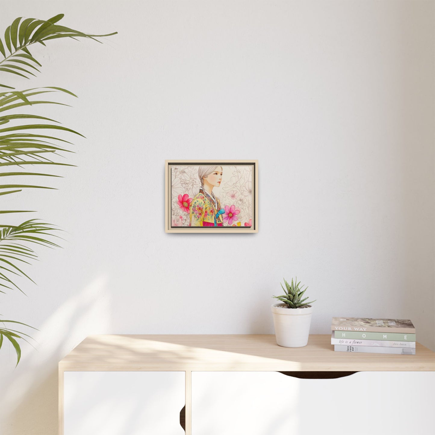 Framed Matte Canvas: Korean Hanbok Girl Floral Portrait