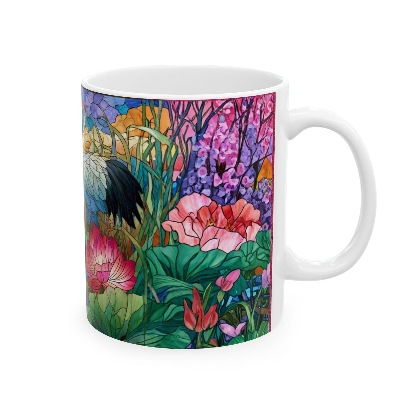 Stained Glass Cranes Ceramic Mug — Floral Lotus Tea Cup (11oz & 15oz)