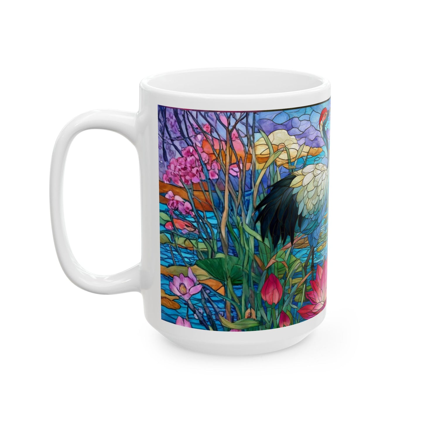 Stained Glass Cranes Ceramic Mug — Floral Lotus Tea Cup (11oz & 15oz)