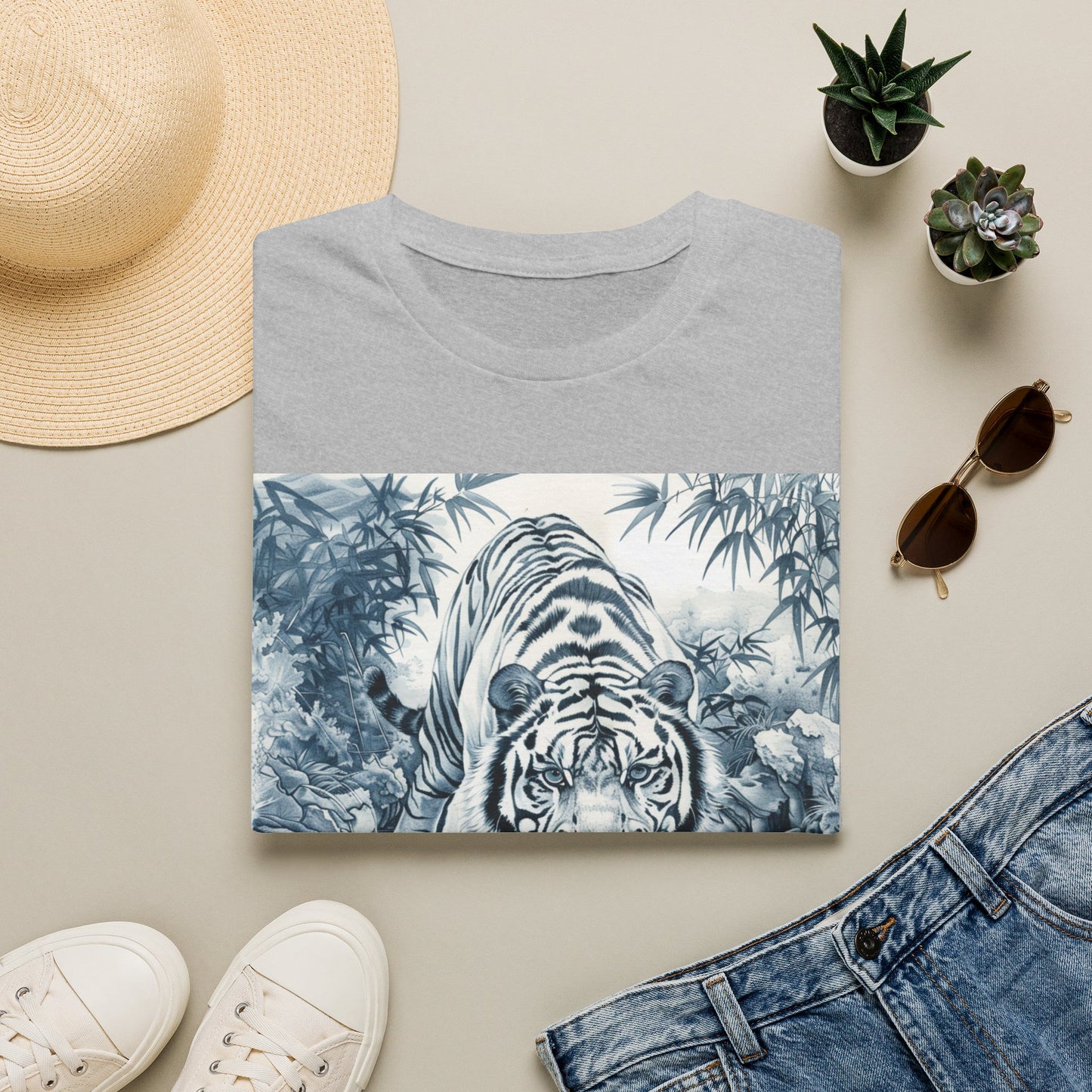 White T‑Shirt with Blue Watercolor Tiger Print — Gentle Jungle Graphic Tee