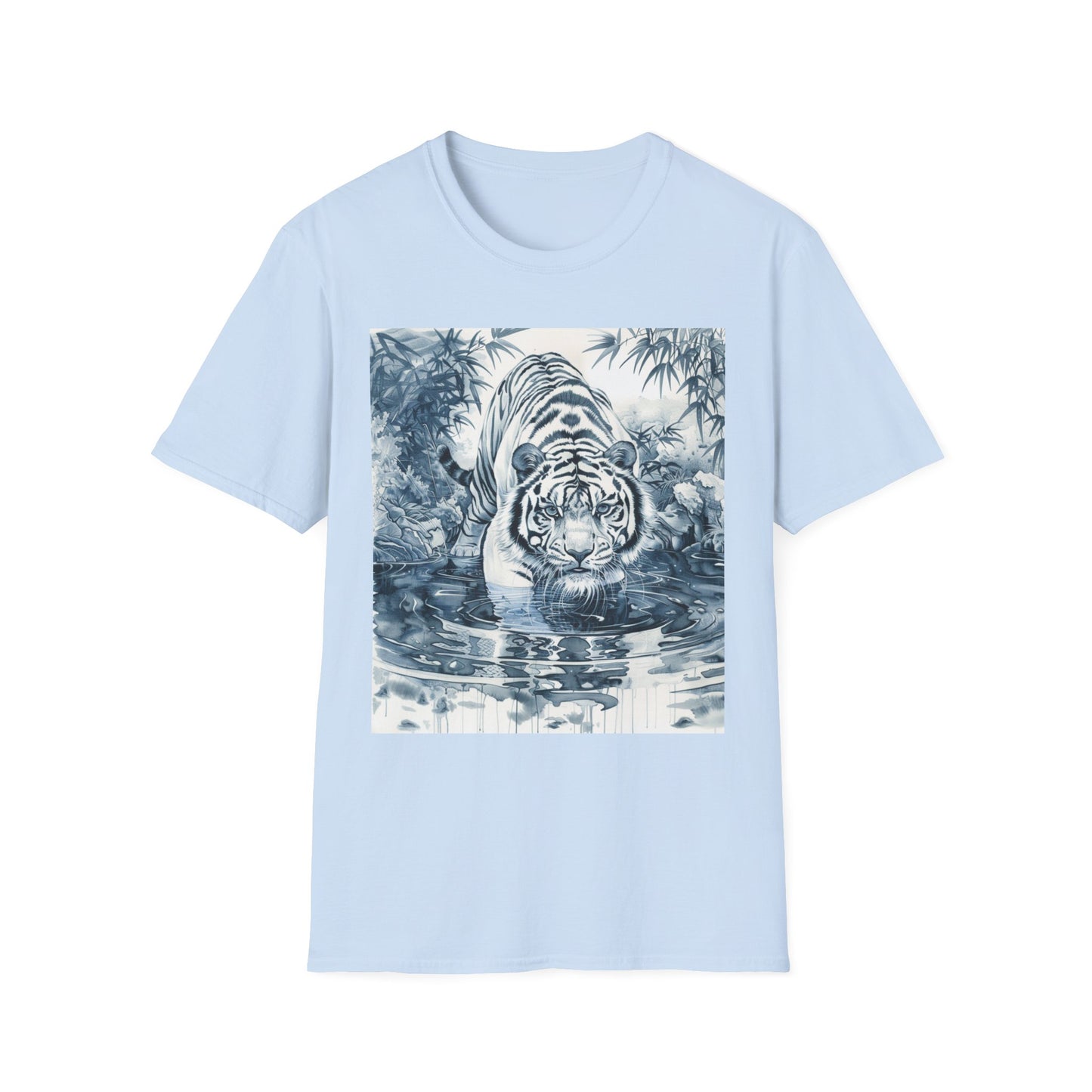 White T‑Shirt with Blue Watercolor Tiger Print — Gentle Jungle Graphic Tee