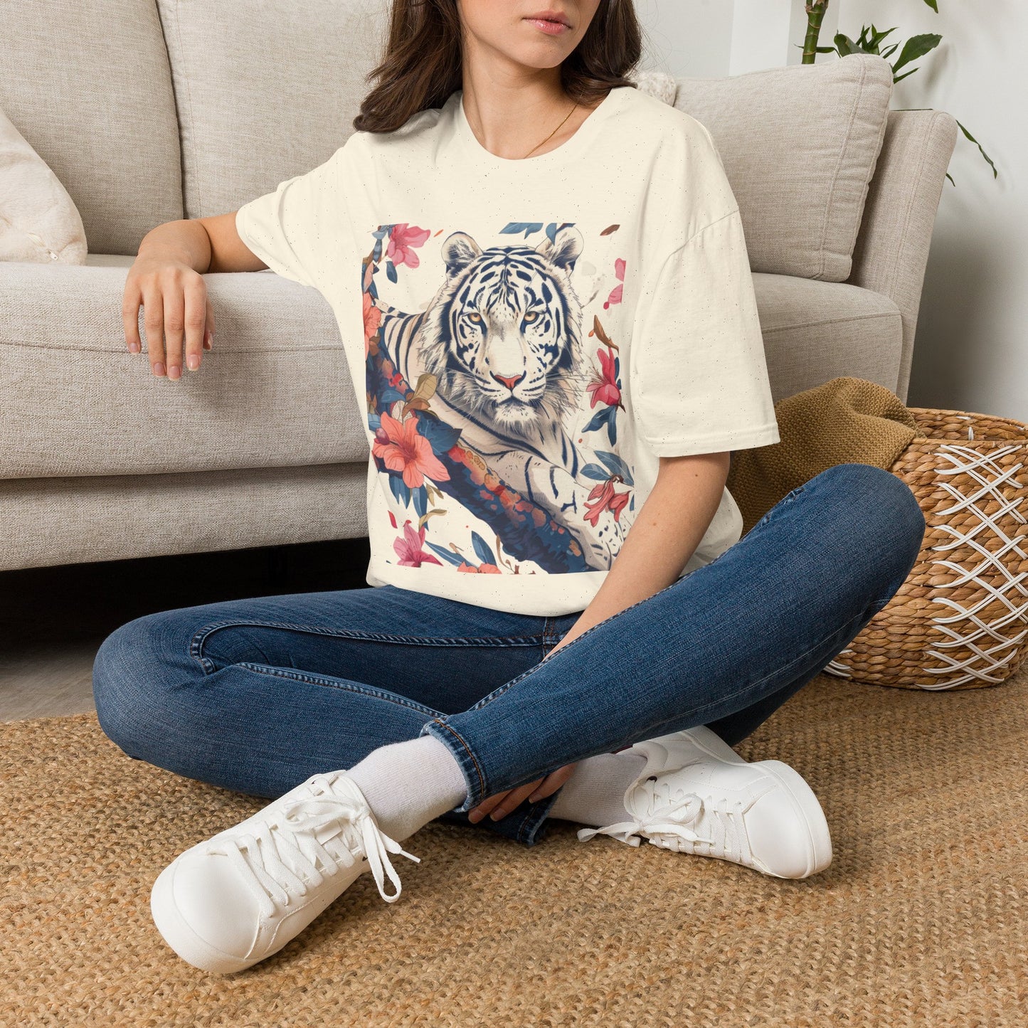Tiger Floral T-Shirt — White Tiger & Blossom Graphic Tee