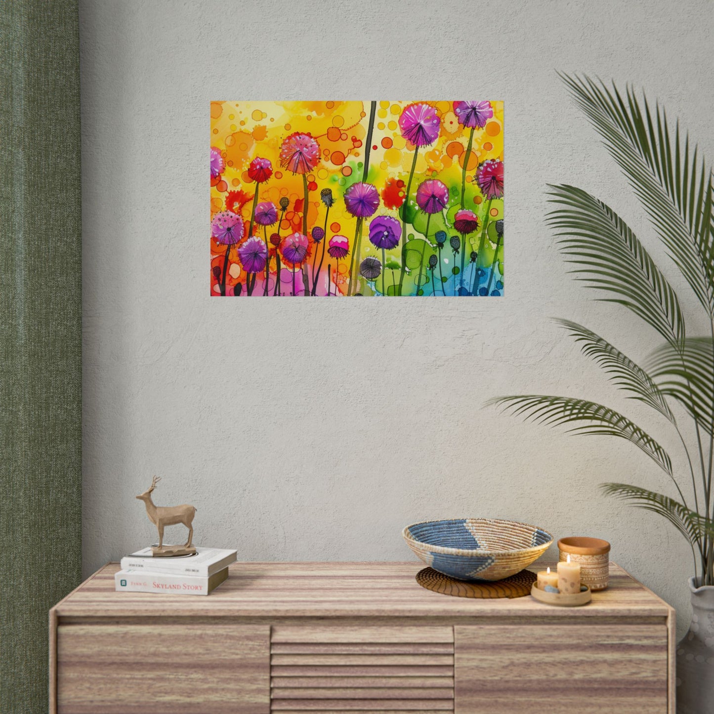 Colorful Floral Watercolor Poster — Rainbow Dandelion Garden Rolled Print