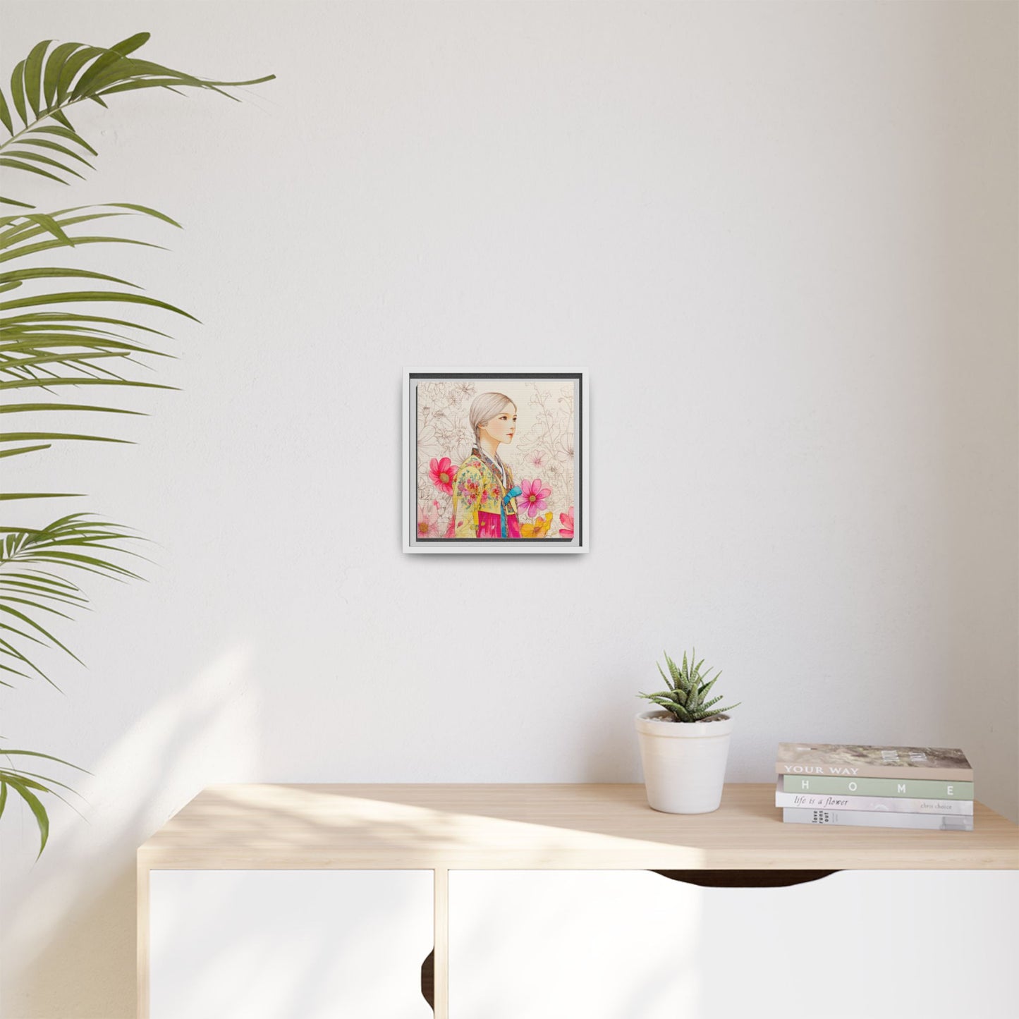 Framed Matte Canvas: Korean Hanbok Girl Floral Portrait