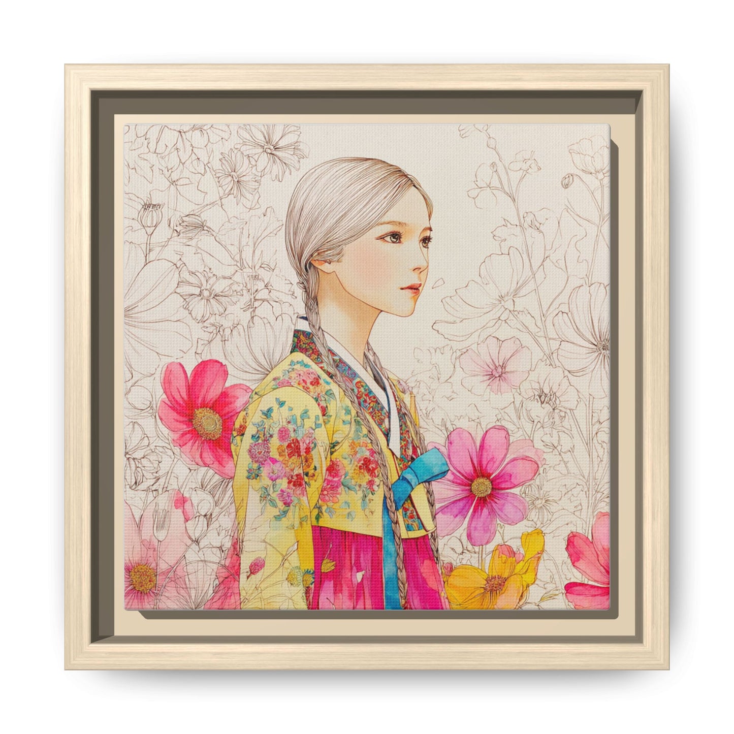 Framed Matte Canvas: Korean Hanbok Girl Floral Portrait