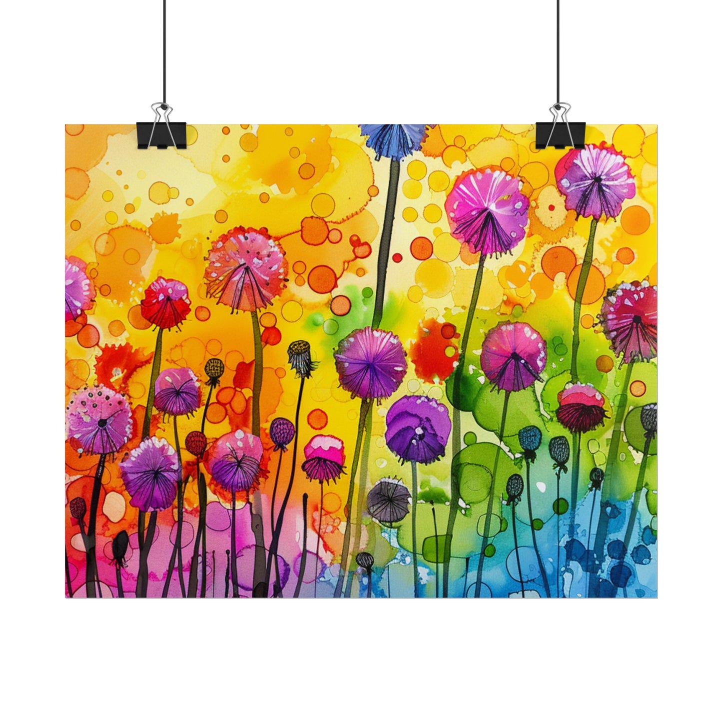 Colorful Floral Watercolor Poster — Rainbow Dandelion Garden Rolled Print