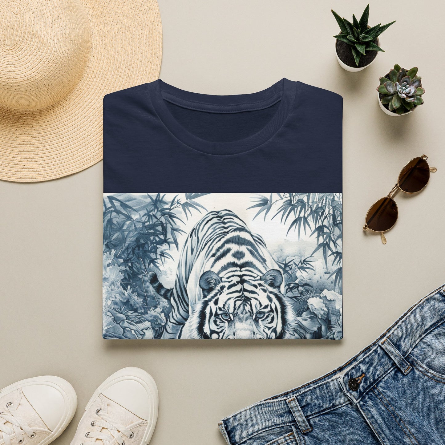 White T‑Shirt with Blue Watercolor Tiger Print — Gentle Jungle Graphic Tee