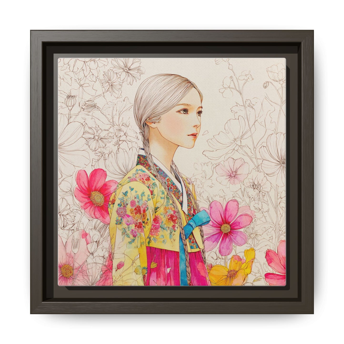 Framed Matte Canvas: Korean Hanbok Girl Floral Portrait