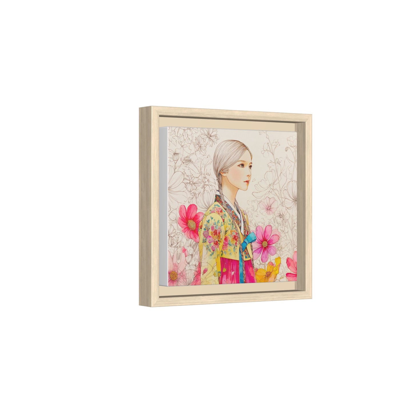 Framed Matte Canvas: Korean Hanbok Girl Floral Portrait