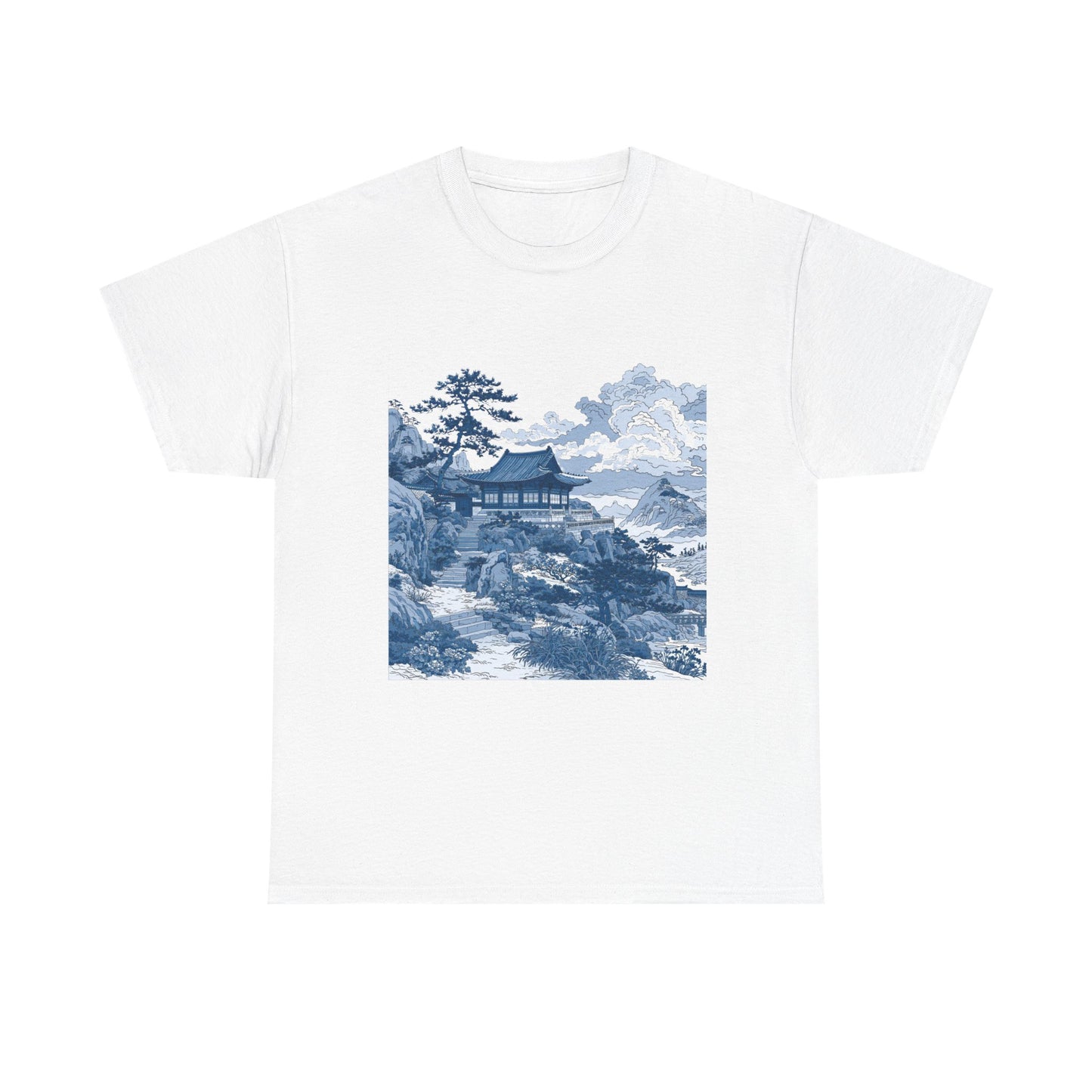 Blue Asian Landscape Tee — Vintage Temple Mountain Scenery T-Shirt