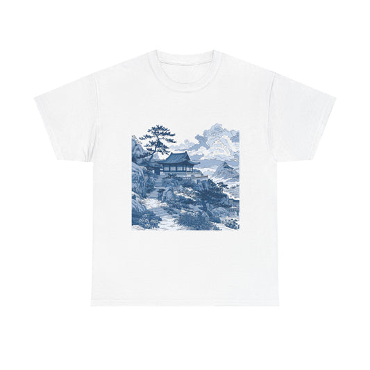 Blue Asian Landscape Tee — Vintage Temple Mountain Scenery T-Shirt
