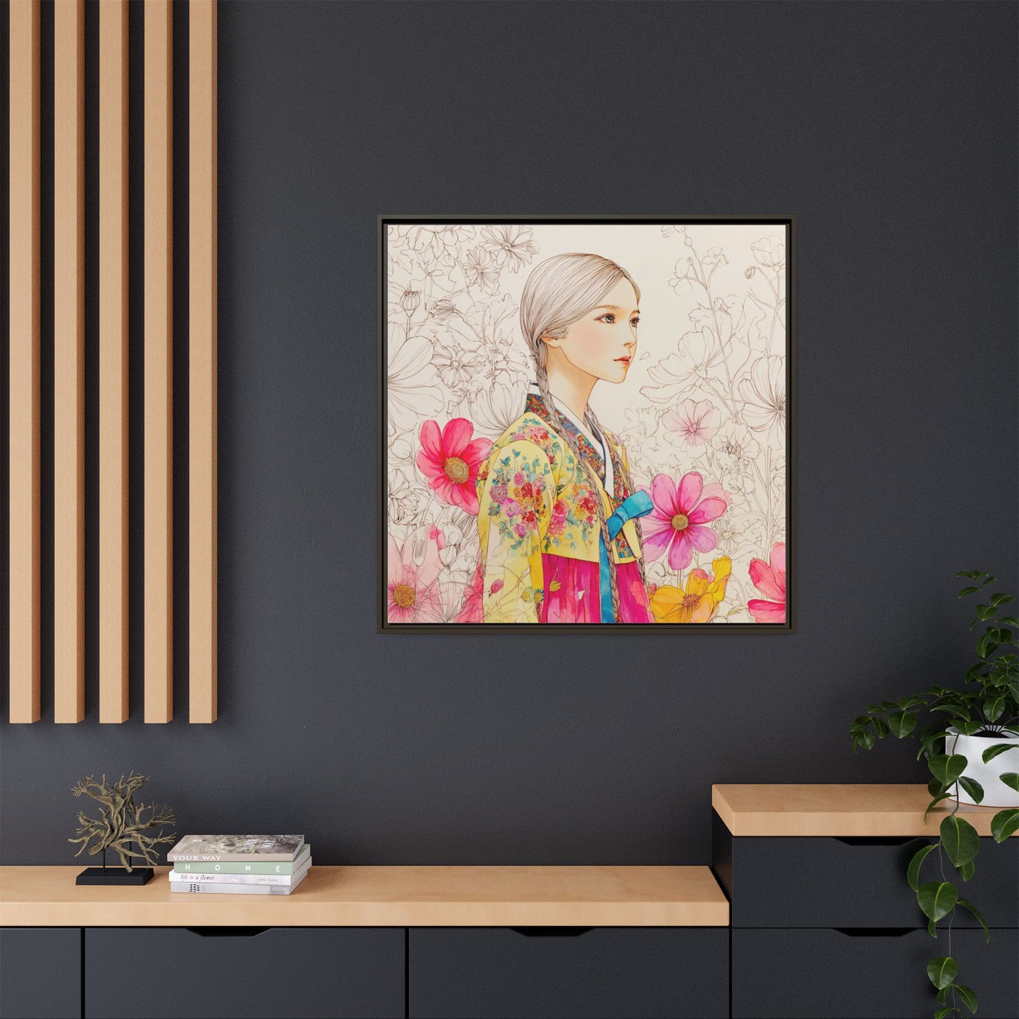 Framed Matte Canvas: Korean Hanbok Girl Floral Portrait