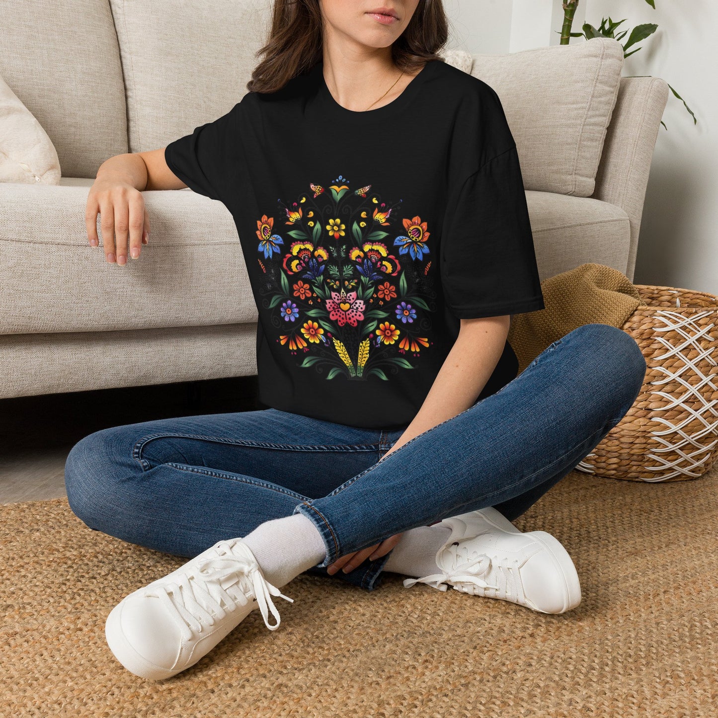 Floral Folk Art T-Shirt — Colorful Boho Flower Motif