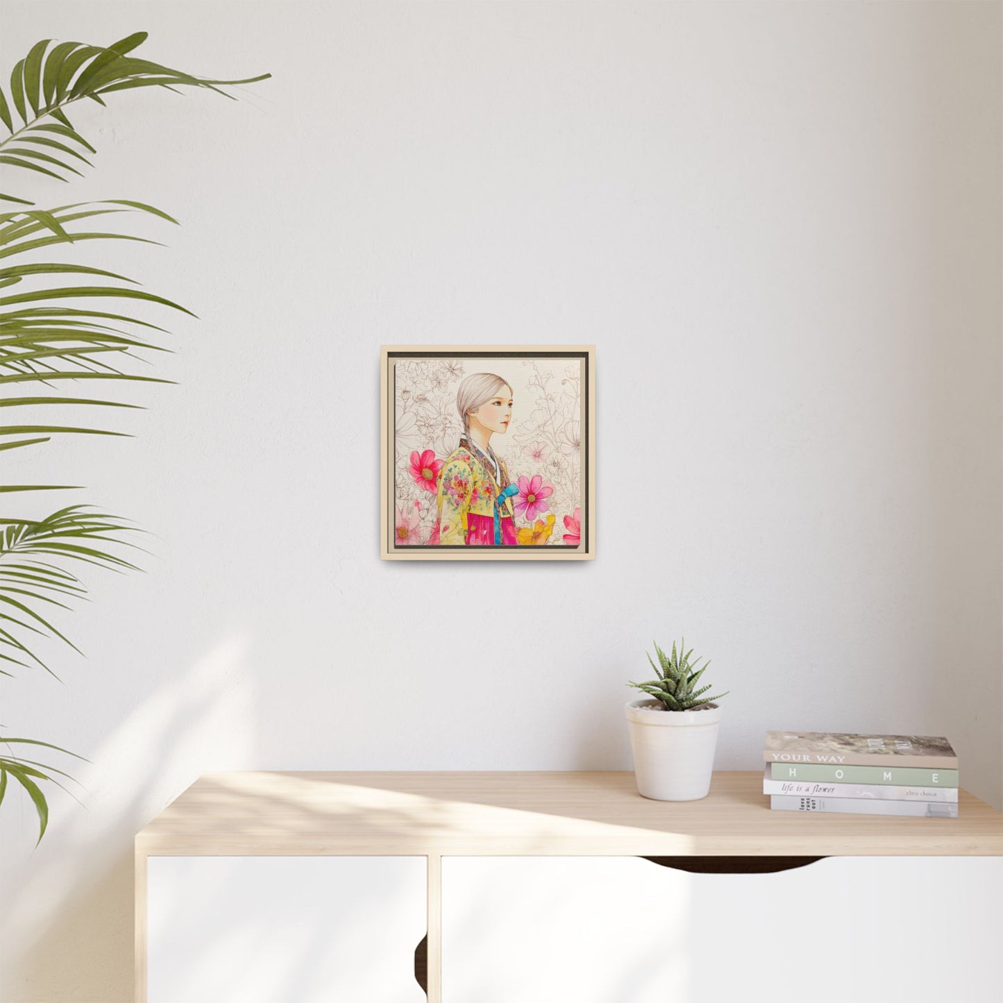 Framed Matte Canvas: Korean Hanbok Girl Floral Portrait