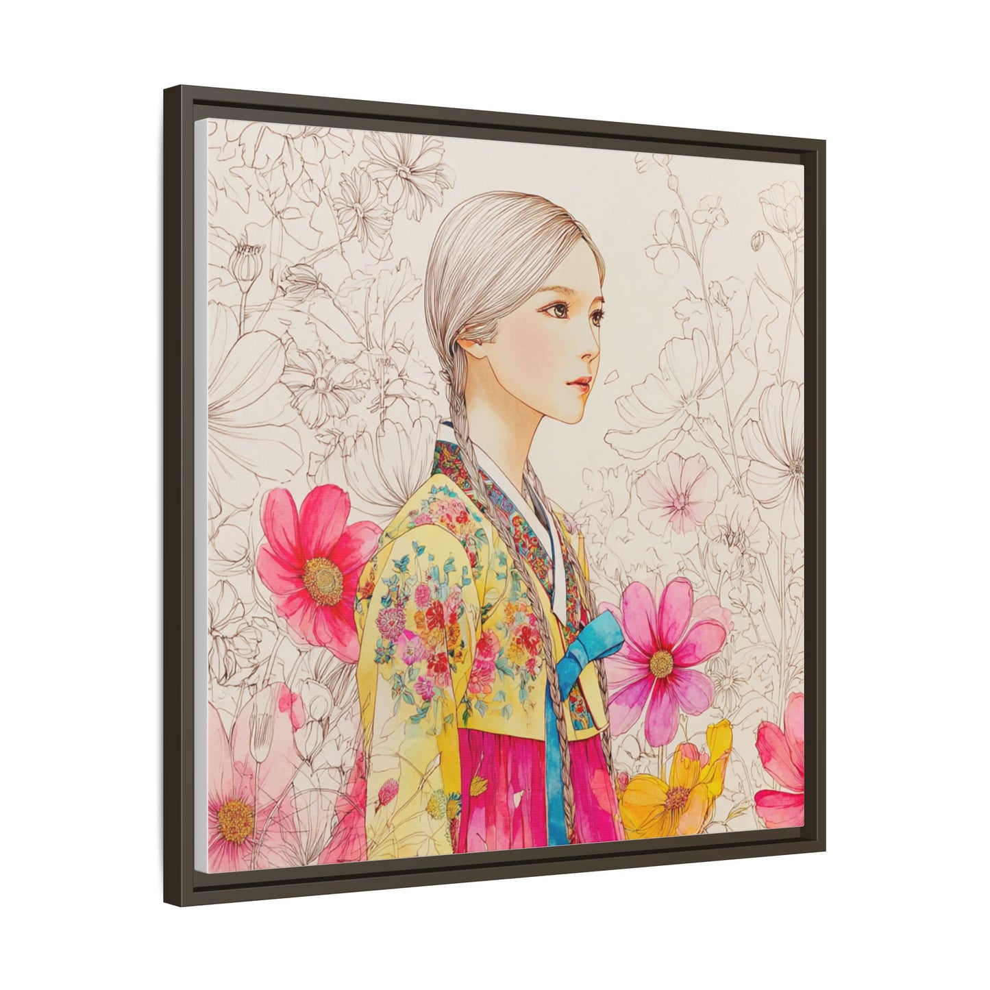 Framed Matte Canvas: Korean Hanbok Girl Floral Portrait