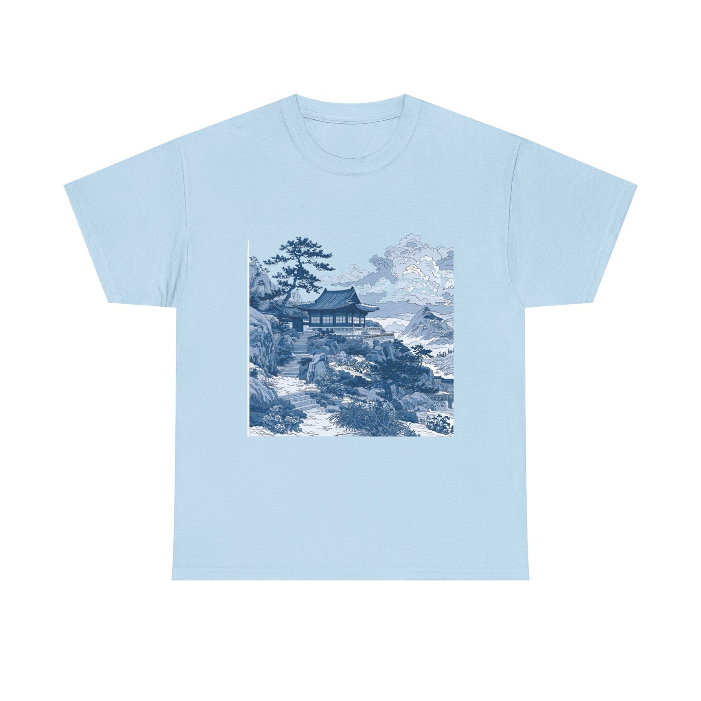 Blue Asian Landscape Tee — Vintage Temple Mountain Scenery T-Shirt