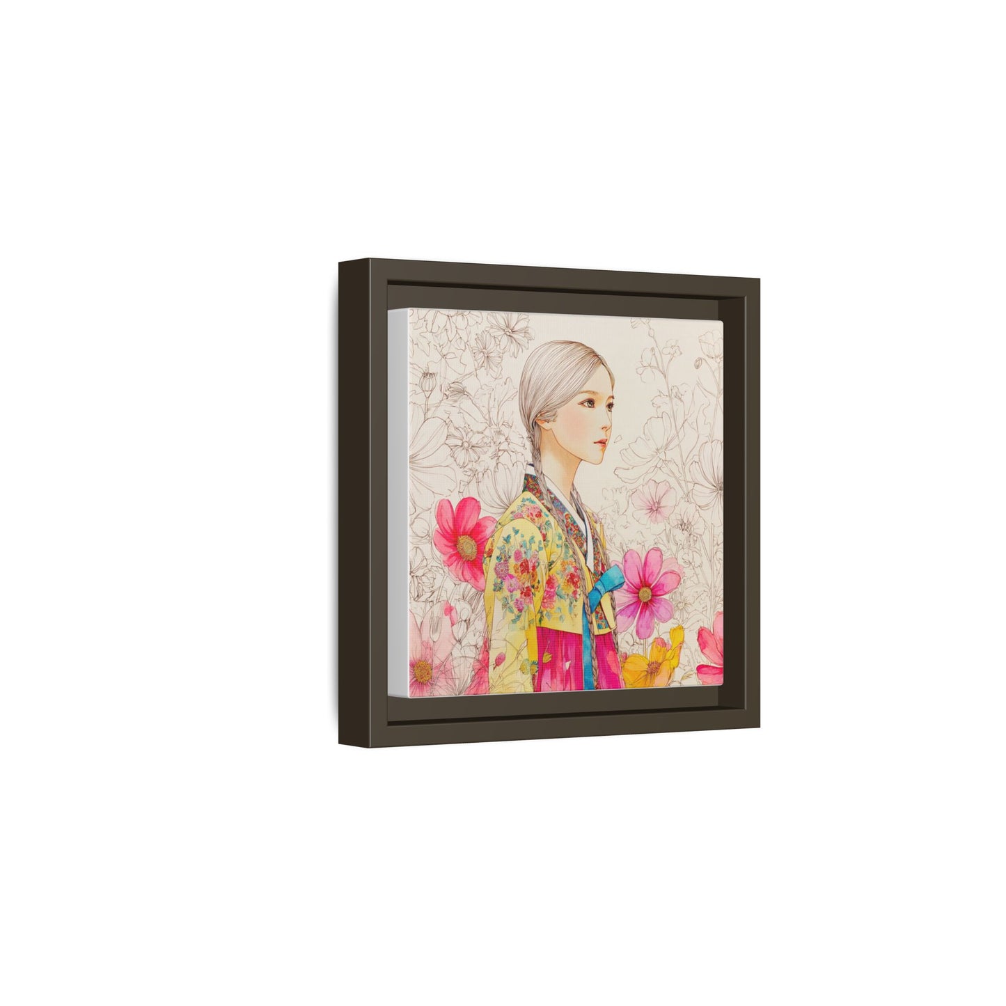 Framed Matte Canvas: Korean Hanbok Girl Floral Portrait