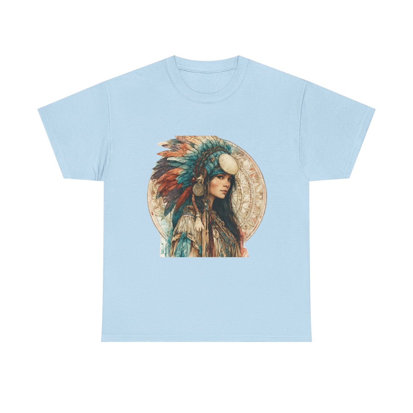 Native Headdress Portrait T‑Shirt — Boho Feather Art Tee