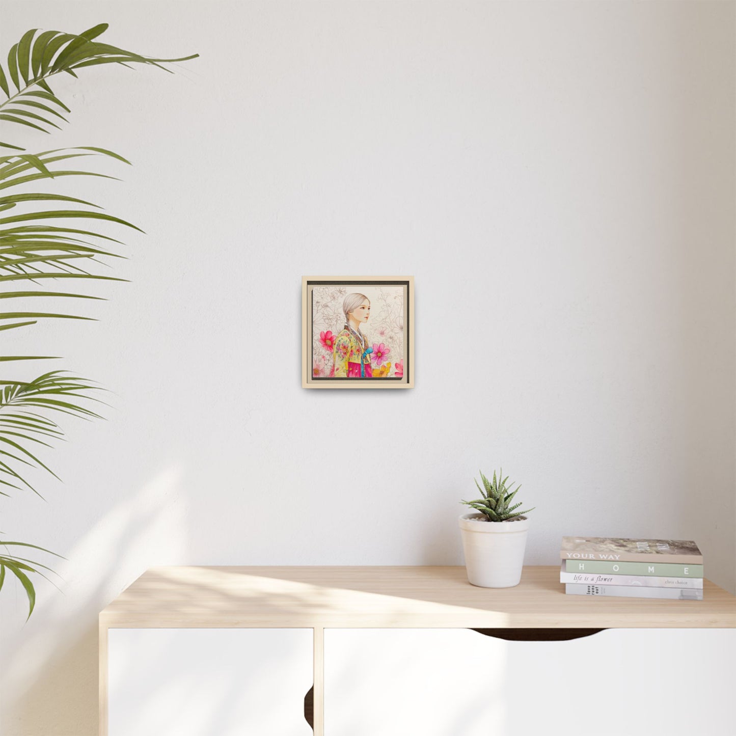 Framed Matte Canvas: Korean Hanbok Girl Floral Portrait