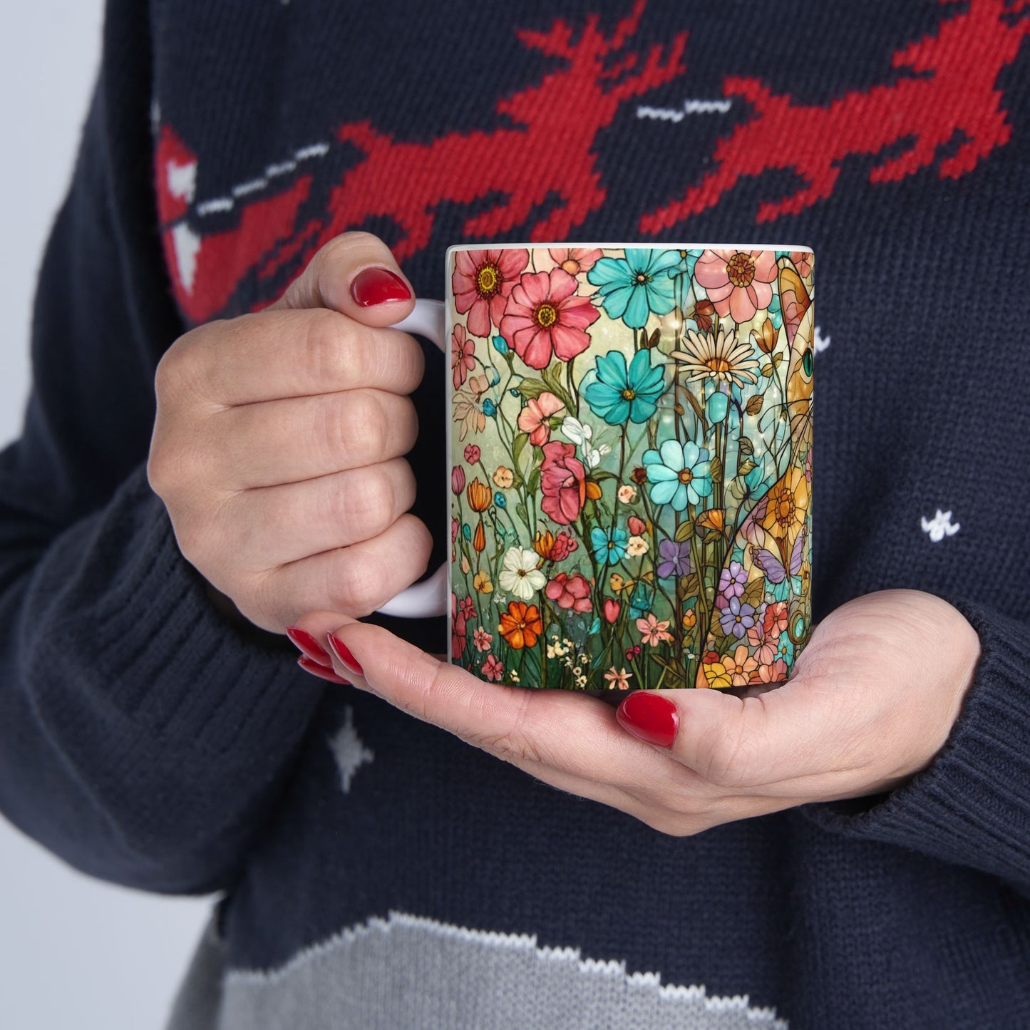 Floral Cat Ceramic Mug — Colorful Stained-Glass Style 11oz & 15oz