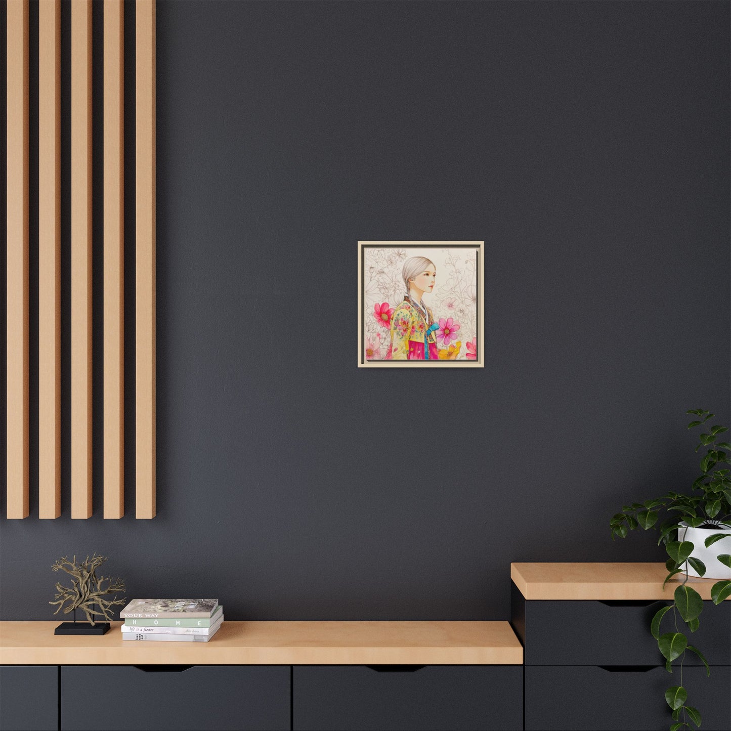 Framed Matte Canvas: Korean Hanbok Girl Floral Portrait