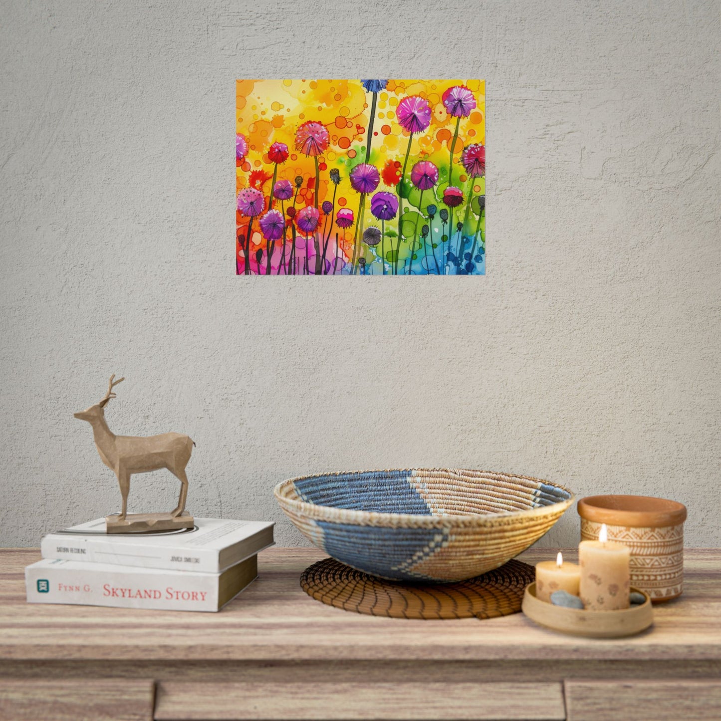 Colorful Floral Watercolor Poster — Rainbow Dandelion Garden Rolled Print