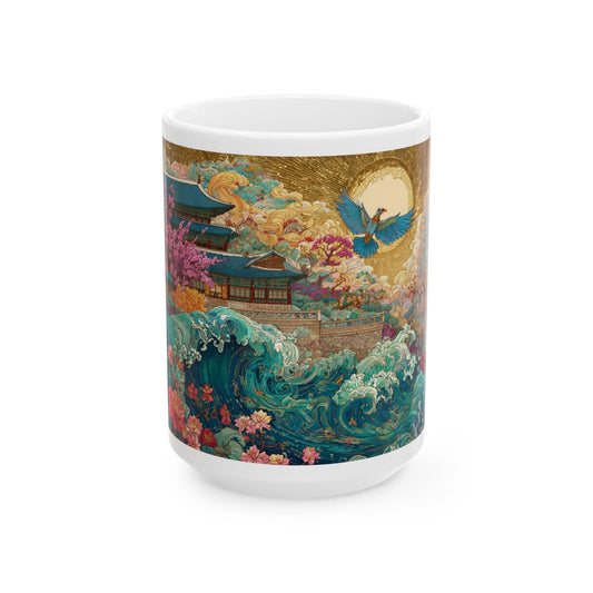Japanese Garden Wave Ceramic Mug — Floral Pagoda Moonlight Design (11oz & 15oz)