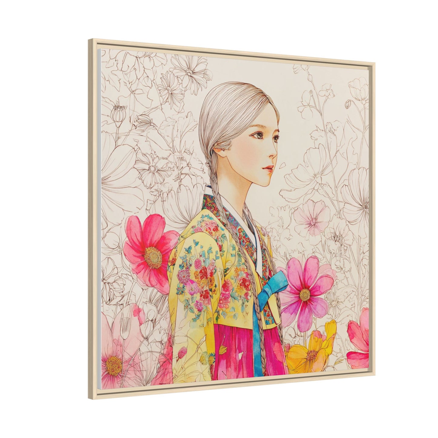 Framed Matte Canvas: Korean Hanbok Girl Floral Portrait