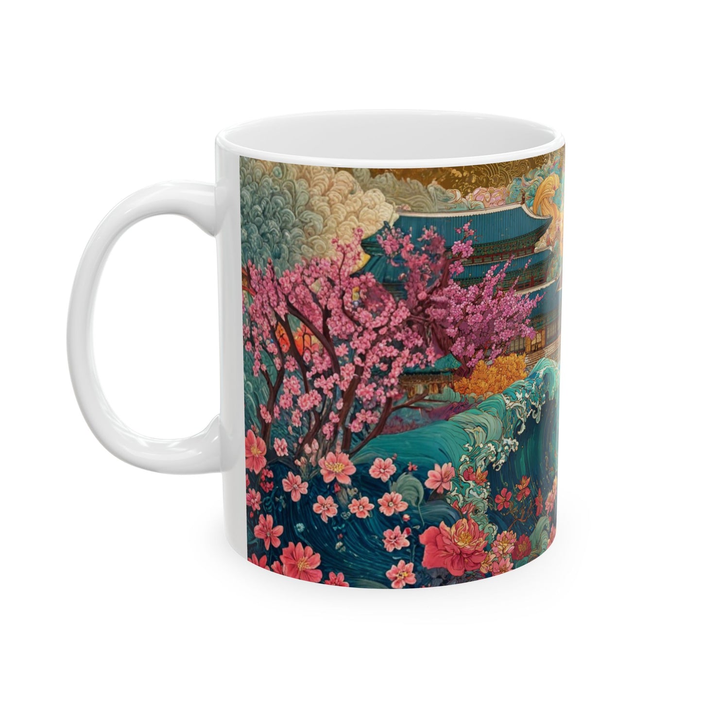 Japanese Garden Wave Ceramic Mug — Floral Pagoda Moonlight Design (11oz & 15oz)