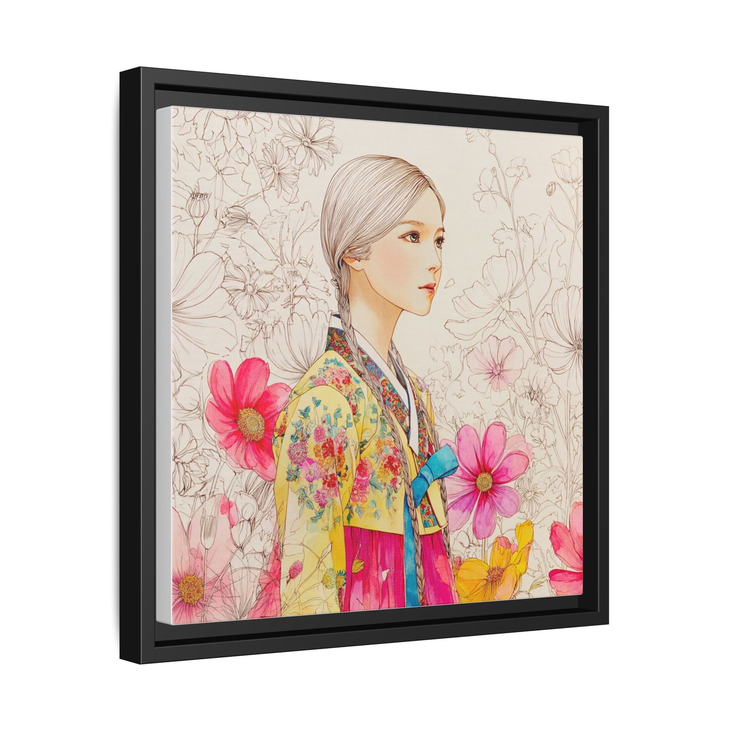 Framed Matte Canvas: Korean Hanbok Girl Floral Portrait