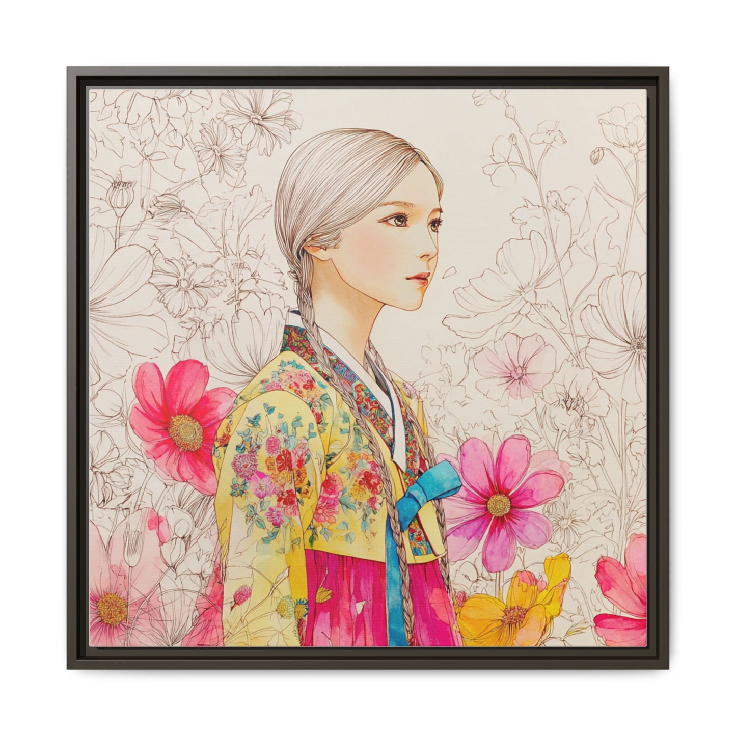 Framed Matte Canvas: Korean Hanbok Girl Floral Portrait