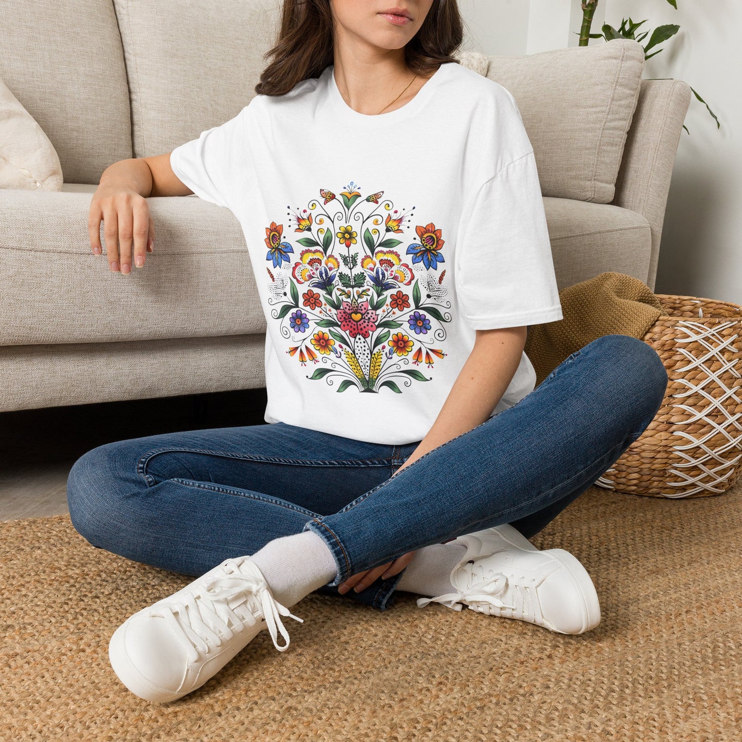 Floral Folk Art T-Shirt — Colorful Boho Flower Motif