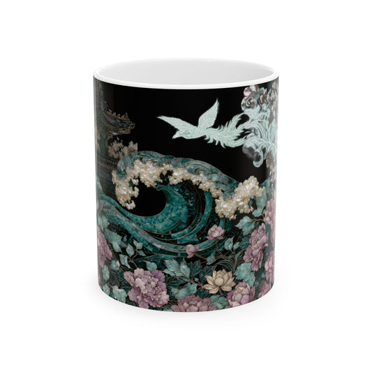 Floral Wave Ceramic Mug — Vintage Japanese-Inspired Crane & Ocean Design (11oz, 15oz)