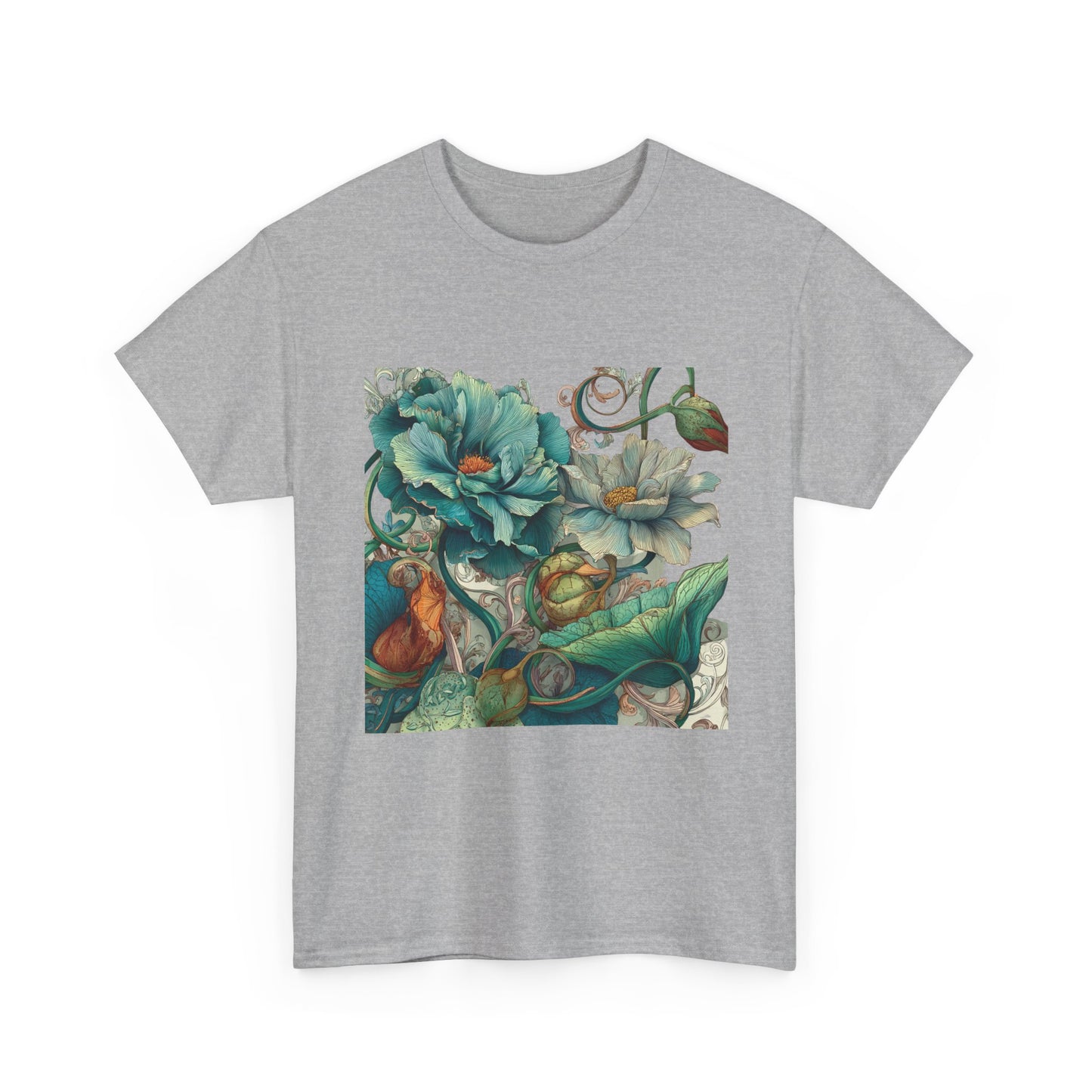 Floral Vintage Botanical Tee — Teal Peony Garden Graphic Shirt