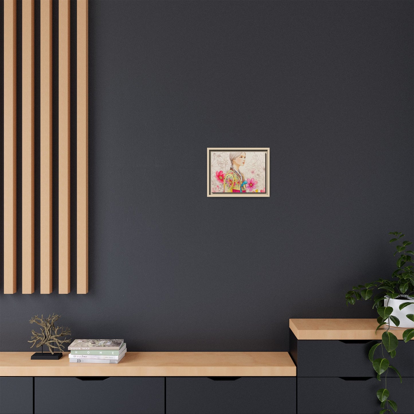 Framed Matte Canvas: Korean Hanbok Girl Floral Portrait
