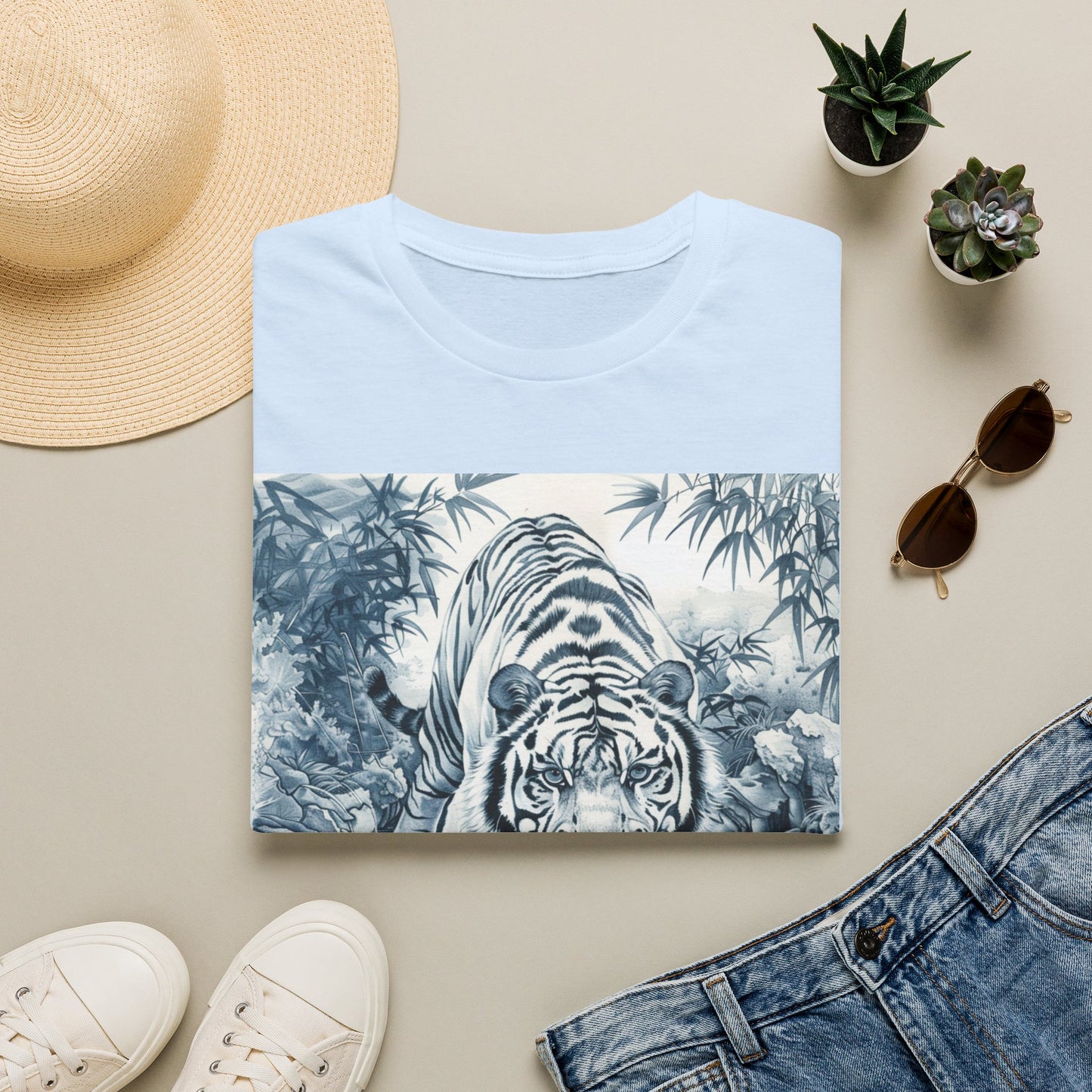 White T‑Shirt with Blue Watercolor Tiger Print — Gentle Jungle Graphic Tee