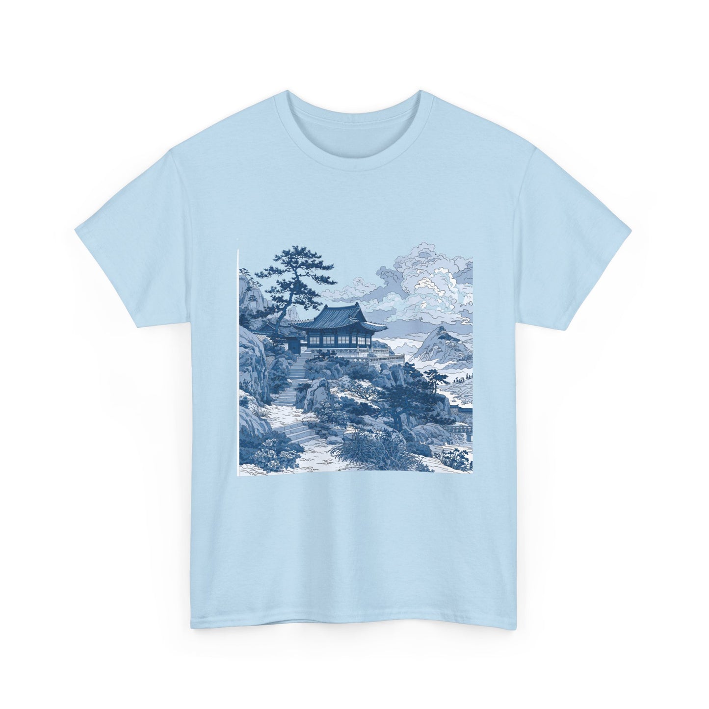 Blue Asian Landscape Tee — Vintage Temple Mountain Scenery T-Shirt