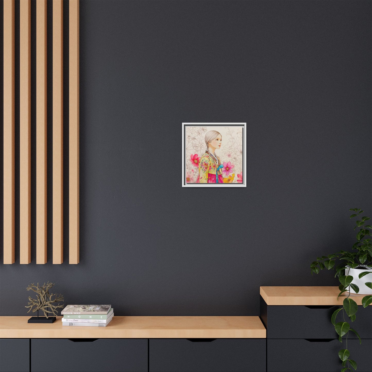 Framed Matte Canvas: Korean Hanbok Girl Floral Portrait