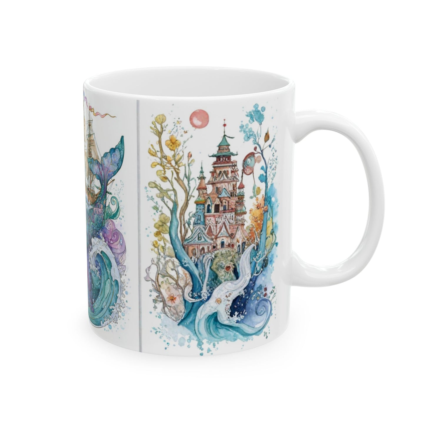 Whale & Ship Watercolor Ceramic Mug — Nautical Ocean Art Coffee Cup (11oz/15oz)