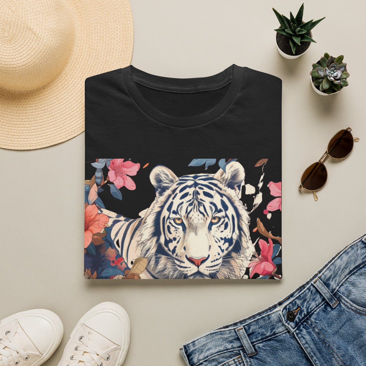 Tiger Floral T-Shirt — White Tiger & Blossom Graphic Tee