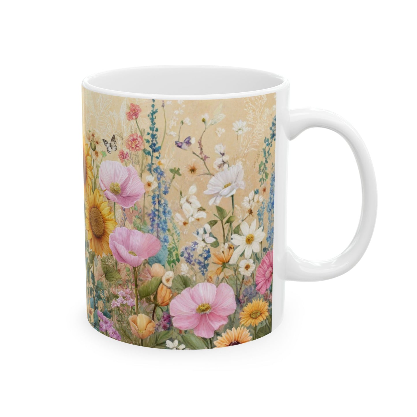 Floral Sunflower Meadow Ceramic Mug – Vintage Wildflower Coffee Cup (11oz, 15oz)