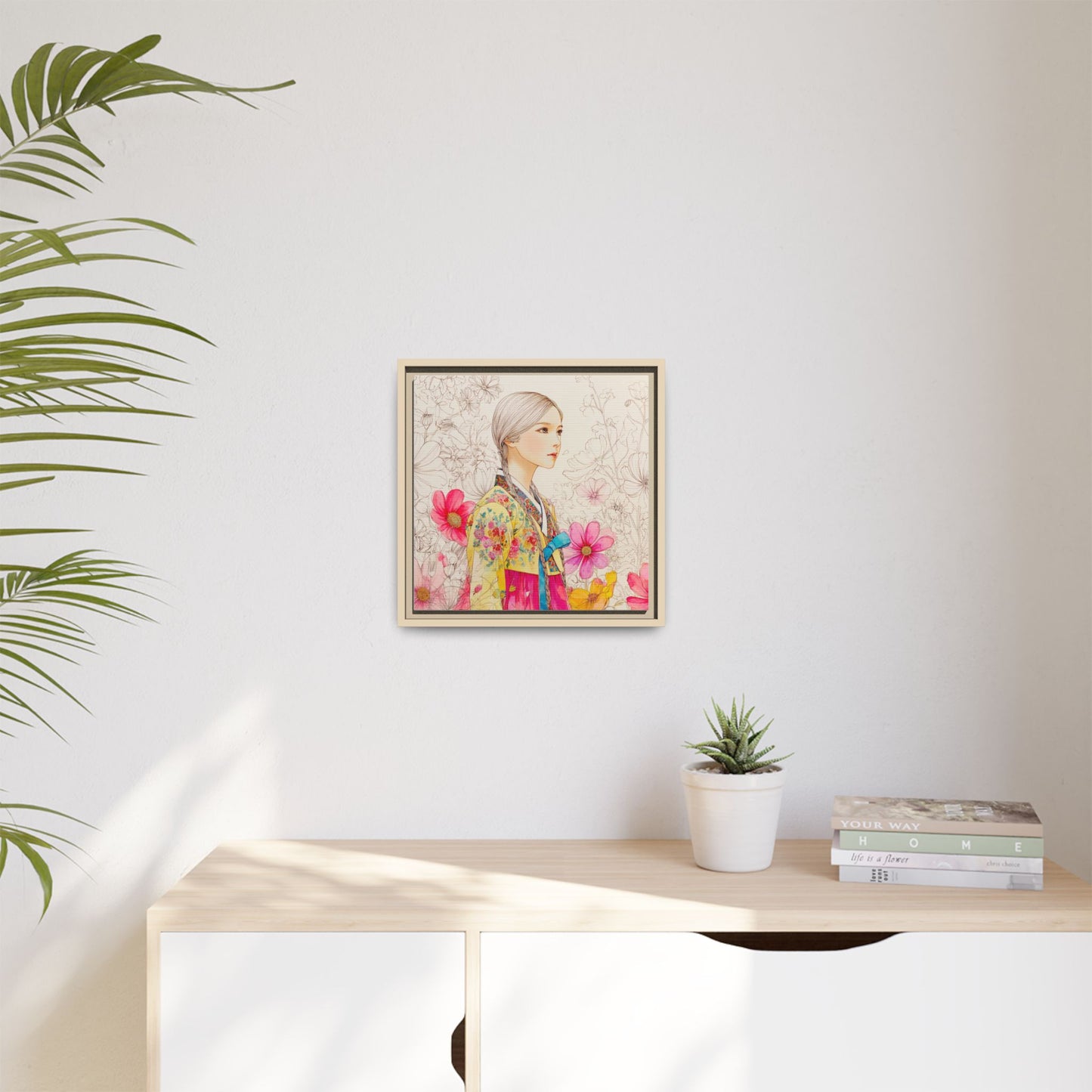 Framed Matte Canvas: Korean Hanbok Girl Floral Portrait