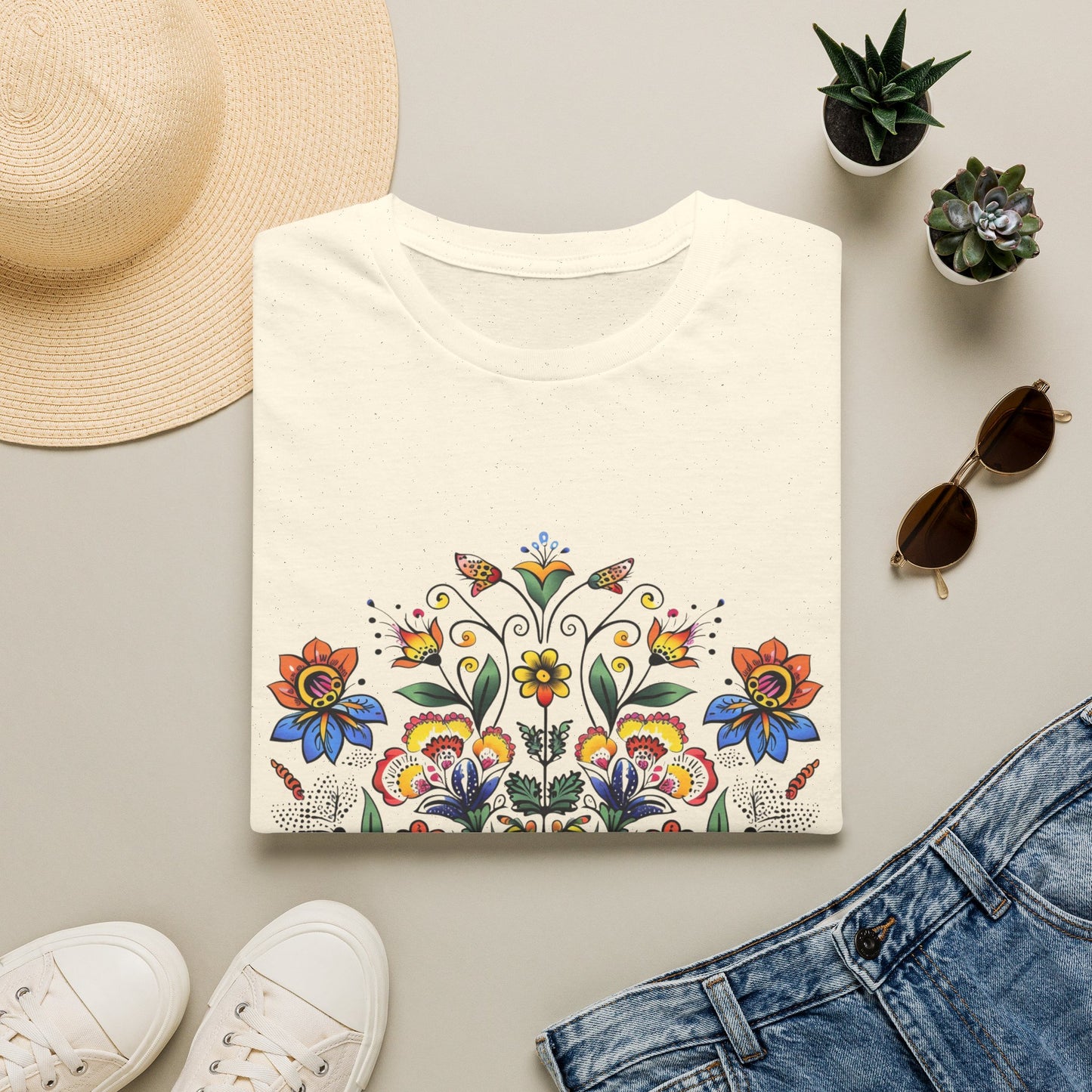 Floral Folk Art T-Shirt — Colorful Boho Flower Motif
