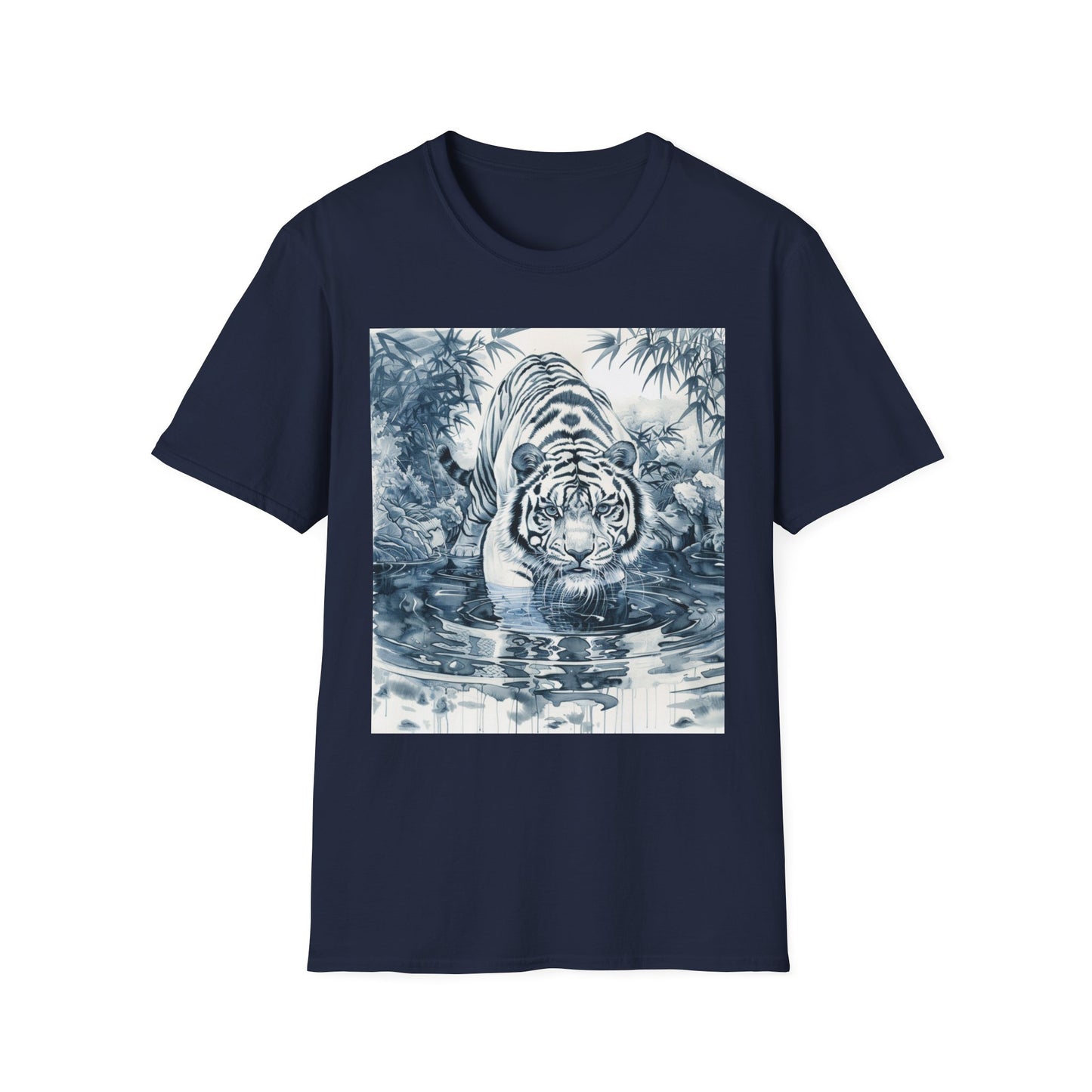 White T‑Shirt with Blue Watercolor Tiger Print — Gentle Jungle Graphic Tee