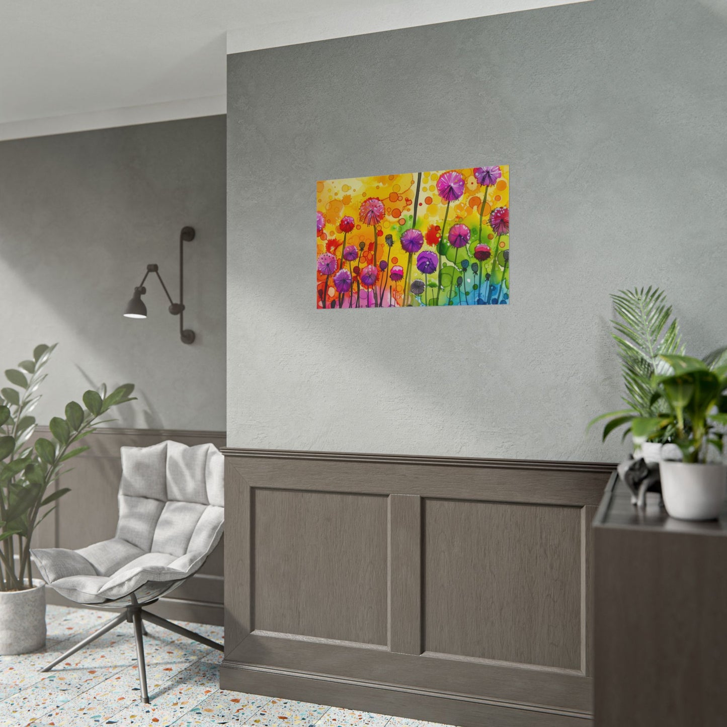 Colorful Floral Watercolor Poster — Rainbow Dandelion Garden Rolled Print
