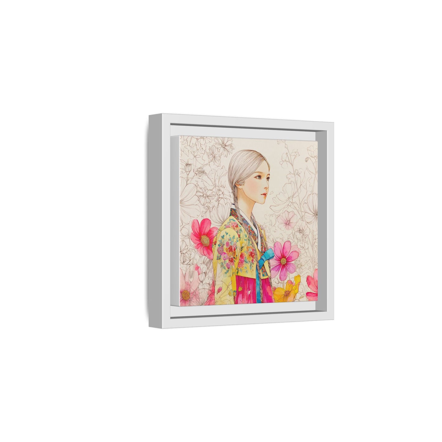 Framed Matte Canvas: Korean Hanbok Girl Floral Portrait